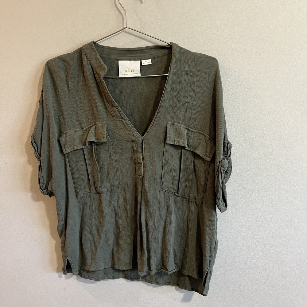 Maeve By Anthropologie Blouse Womens M Green V Neck Pockets